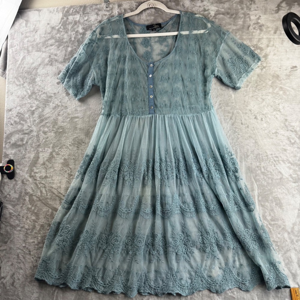 Suzanne Betro Dress Women 1X Blue Sheer Mesh Floral Embroidered Sleeve (1856)